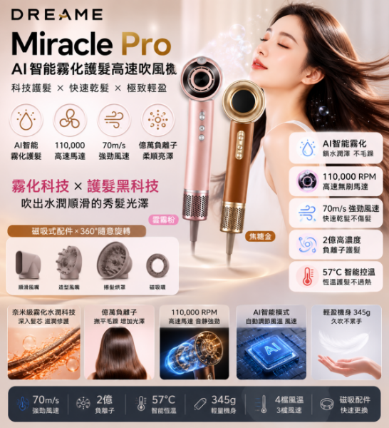 圖片 追覓 Miracle Pro AI智能霧化護髮高速吹風機