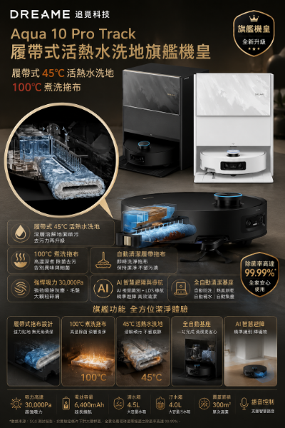 圖片 Dreame 追覓科技 Aqua 10 Pro Track 履帶式活熱水洗地旗艦機皇(履帶式45°C活熱水洗地/100°C煮洗拖布)