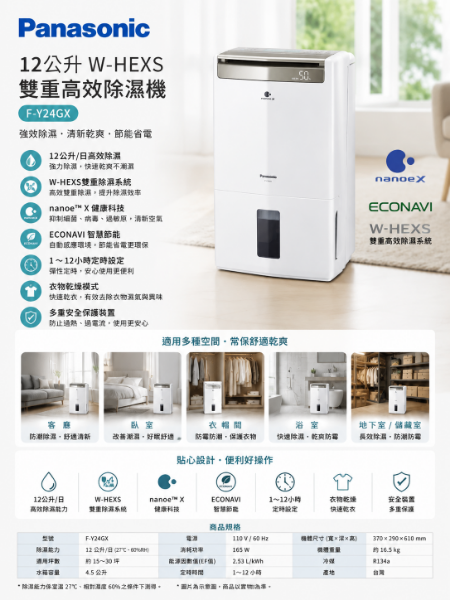 圖片 Panasonic 國際牌12公升W-HEXS雙重高效除濕機F-Y24GX