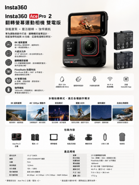 圖片 Insta360 ACE PRO 2 翻轉螢幕運動相機 雙電版