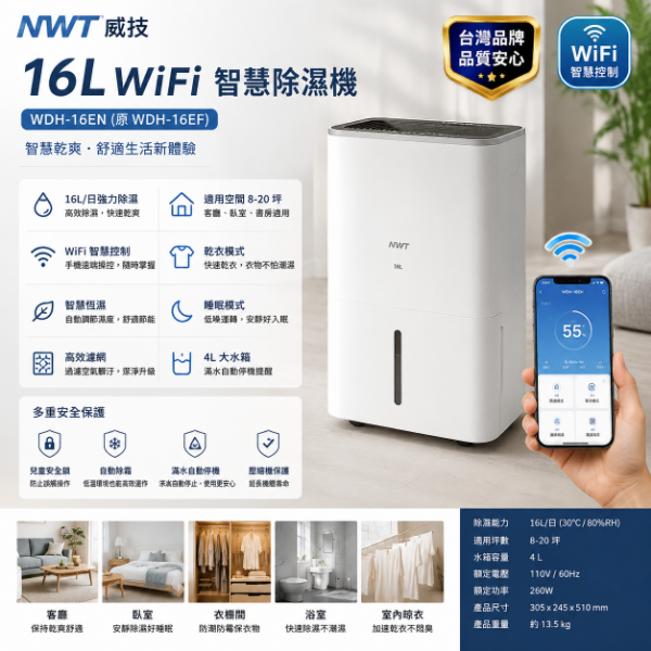 圖片 NWT 威技16L WiFi智慧除濕機WDH-16EN(原WDH-16EF)