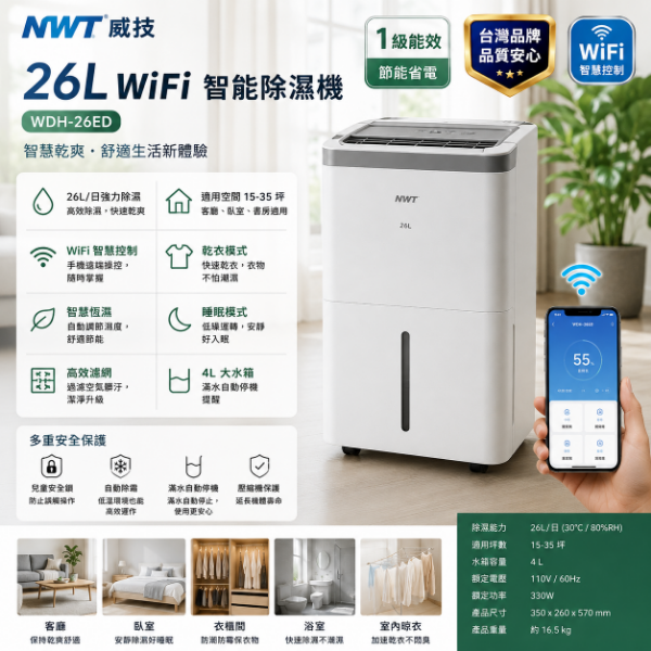 圖片 NWT 威技一級能效WiFi智能26L除濕機WDH-26ED