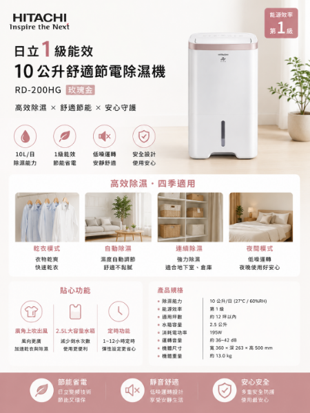 圖片 HITACHI 日立 HITACHI日立 1級能效10公升舒適節電除濕機 RD-200HG 玫瑰金
