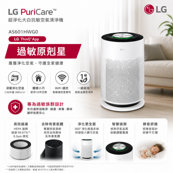 圖片 LG 樂金 新革新超淨化大白抗敏空氣清淨機(CADR480/AS601HWG0/PuriCare)