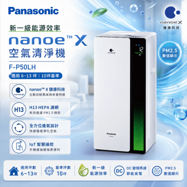圖片 Panasonic 國際牌 新一級能源效率10坪nanoeX空氣清淨機(F-P50LH)