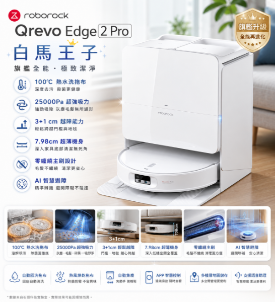 圖片  Roborock 石頭科技 Qrevo Edge 2 Pro白馬王子 (100度熱水洗/3+1cm越障/25000Pa/7.98超薄機身/零纏繞)