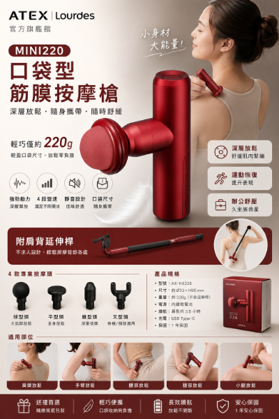 圖片 ATEX 官方旗艦館 Lourdes MINI220口袋型筋膜按摩槍/附肩背延伸桿AX-HX336(不求人筋膜槍/母親節禮物)