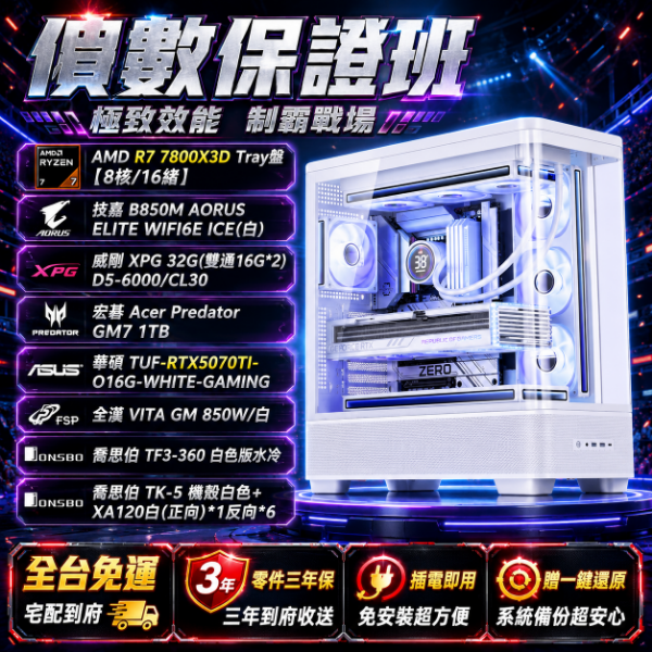 圖片 【618專案】偵數保證班 (R7-7800X3D /B850M /32G/1T/5070TI/850W)