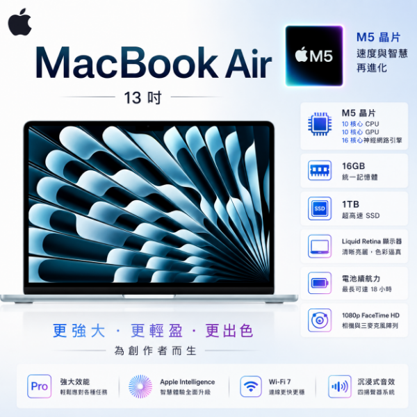 圖片 Apple 蘋果MacBook Air 13 M5 晶片配備 10 核心 CPU、10 核心 GPU、16 核心神經網路引擎 16GB 記憶體 1TB SSD