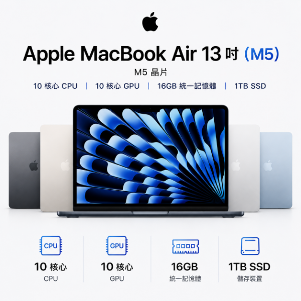 圖片 Apple MacBook Air M5 晶片 13 吋筆電 10 核心 CPU｜10 核心 GPU 16GB 統一記憶體｜1TB SSD
