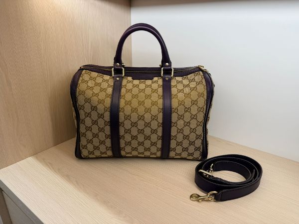 圖片 Gucci 提花布 拼深紫牛皮 三用 波士頓包