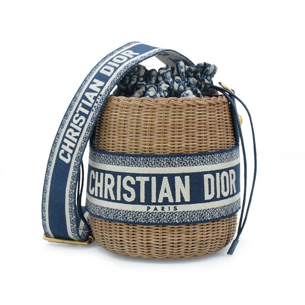 圖片 Dior 展示品 Wickker 編織緹花藤籃刺繡水桶包(藍)