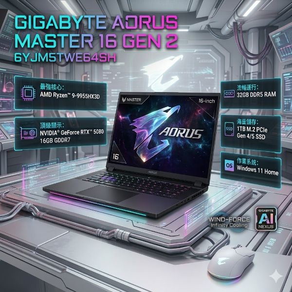 圖片 GIGABYTE 技嘉AORUS MASTER 16 GEN 2 6YJM5TWE64SH 16吋電競筆電(R-9955HX3D/RTX5080 16G/32G/1TB/Win11H)🎈送保護套/滑鼠墊/鍵盤膜🎈