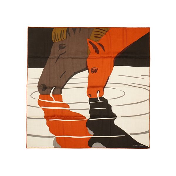 圖片 Hermes 展示品 喀什米爾混絲駿馬飲水圖騰絲巾/方巾-65cm(黑/米/咖)