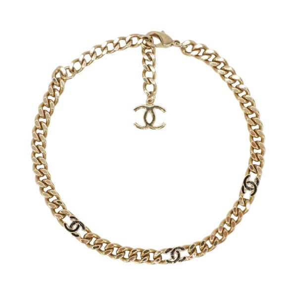 圖片 Chanel 展示品 雙C logo 黑琺瑯粗金鍊短項鍊(金)