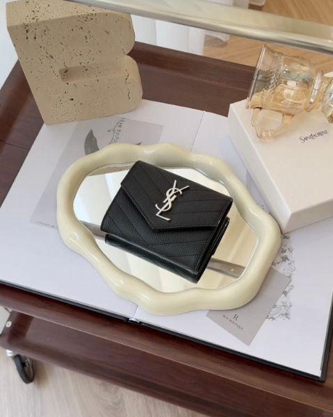 圖片 【YSL】魚子醬三折短夾 黑銀