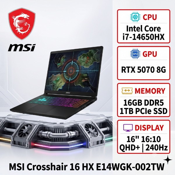 圖片 ⭐️MSI Crosshair 16 HX E14WGK-002TW 微星旗艦高效電競筆電/i7-14650HX/RTX5070 8G/16GB DDR5/1TB PCIe/16吋 QHD+ 240Hz/W11/RGB背光電競鍵盤⭐️