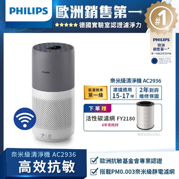 圖片 PHILIPS 飛利浦奈米級空氣清淨機-360度高效過濾★適用17坪(AC2936)