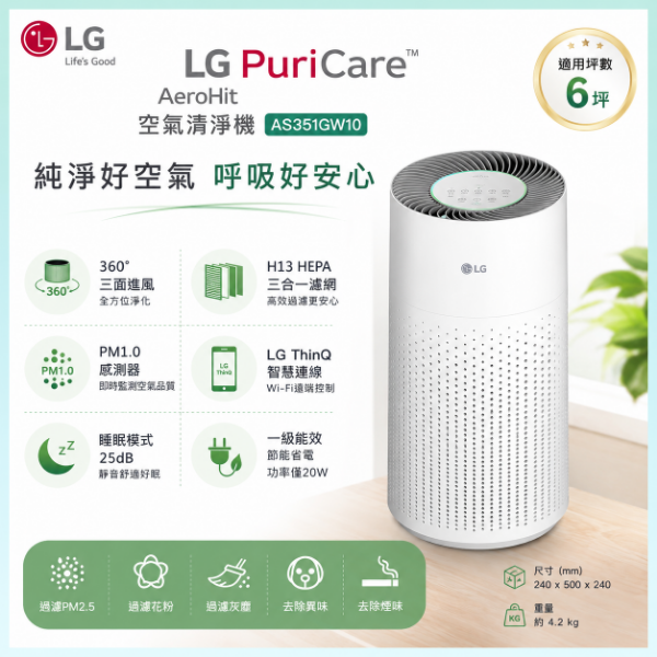 圖片 LG PuriCare AeroHit 空氣清淨機 AS351GW10 適用6坪