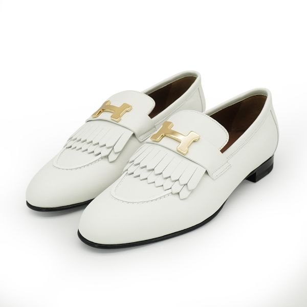 圖片 Hermes 展示品 Royal 山羊皮淡金釦流蘇樂福鞋#37(92白)
