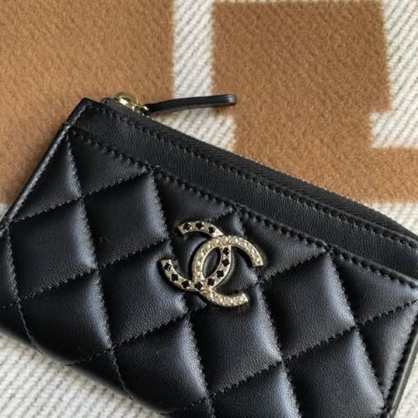 圖片 Chanel 黑鑽珍珠羊皮L拉零錢卡包