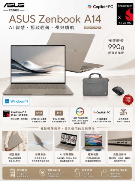 圖片 ASUS 筆電包/滑鼠組★14吋Copilot+PC AI筆電(Zenbook A14 UX3407QA/Snapdragon X X1-26-100/32G/1TB/W11