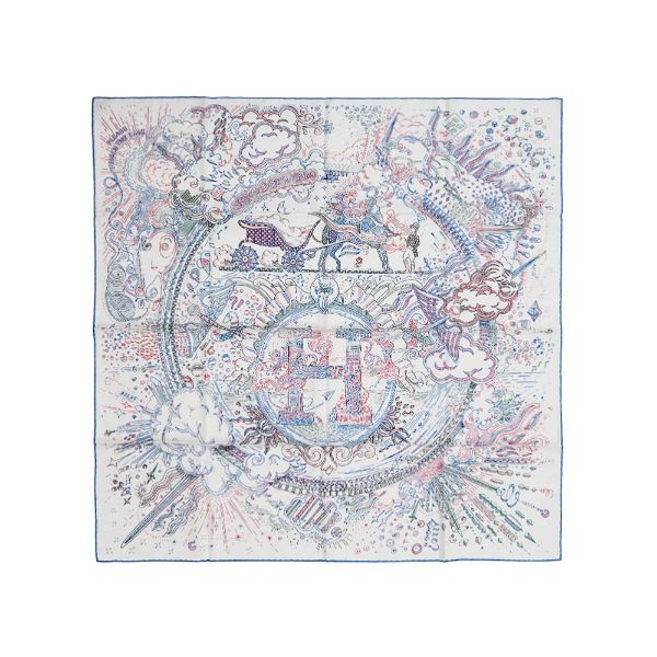 圖片 Hermes Please hold the line 塗鴉線條圖案絲巾/方巾-90cm(白/藍/紅)