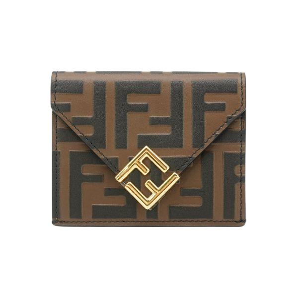 圖片 Fendi FF Diamonds Logo 浮雕牛皮金釦三折零錢短夾(8M0480-棕)