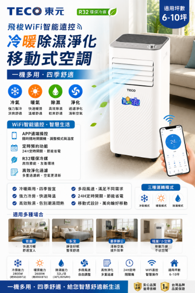 圖片 TECO 東元 飛梭WiFi智能遠控 R32 冷暖除溼淨化移動式空調/移動式冷氣(XYFMP-2806FH)