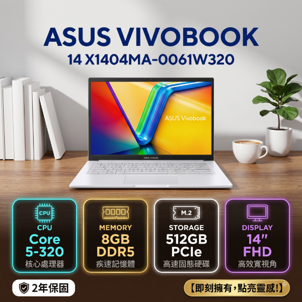 圖片 ⭐️ASUS Vivobook 14 X1404MA-0061W320 幻彩白 華碩玩勝強悍筆電/Core 5-320/8GB DDR5/512GB PCIe/14吋 FHD/W11⭐️