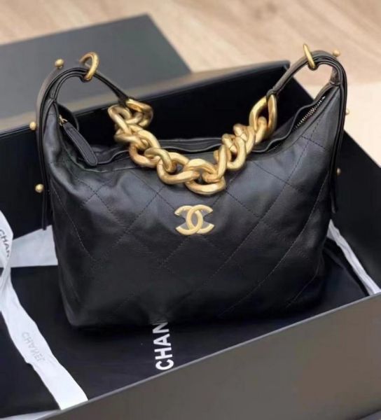 圖片 CHANEL 香奈兒 腋下 嬉皮hobo包 粗鏈條黑金牛皮  28*17*9 cm