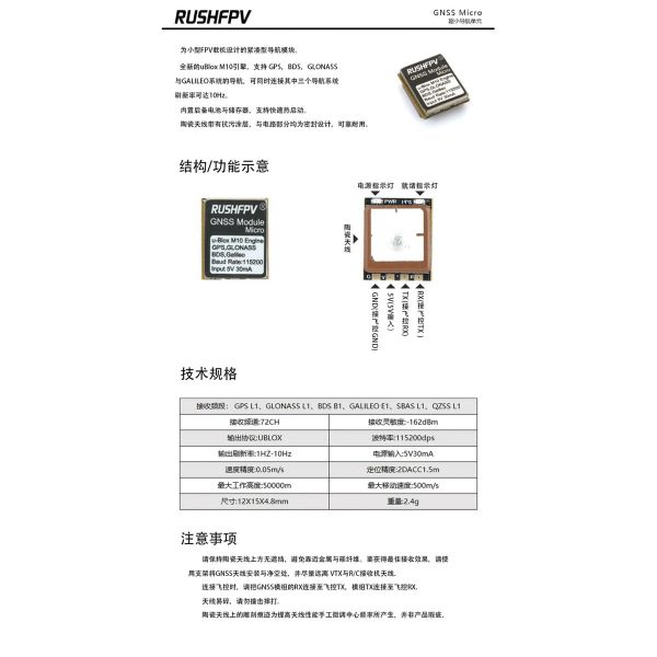 RUSHFPV GNSS Micro導航單元超小GPS雙協議穿越機固定翼返航救援