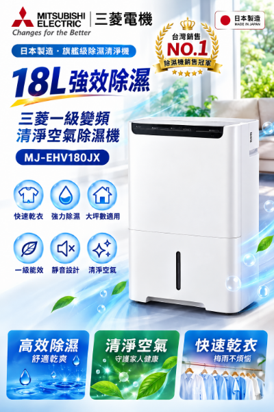 圖片 MITSUBISHI 三菱電機 加碼送★18公升一級變頻清淨空氣除濕機 (MJ-EHV180JX)