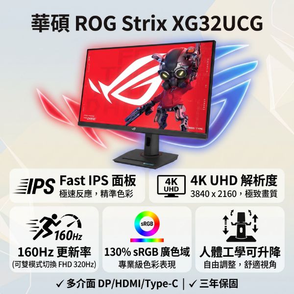 圖片 【32型】華碩 ROG Strix XG32UCG 電競螢幕 (DP/HDMI/Type-C/Fast IPS/4K/1ms/160Hz(FHD 320Hz)/FreeSync Premium/G-Sync/HDR400/雙模式切換/可變超頻驅動 2.0/130% sRGB/可升降/無喇叭/三年保固)