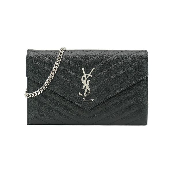 圖片 YSL Monogram V字縫線魚子醬牛皮銀釦斜肩/手拿包(377828-黑)