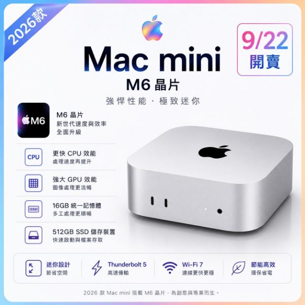 圖片 2026 款 Mac mini M6 晶片（16GB/512GB）