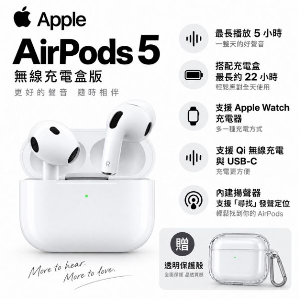 圖片 AirPods 5 藍芽耳機 無線充電盒  耳機柄滑動調音量/充電盒尋找功能