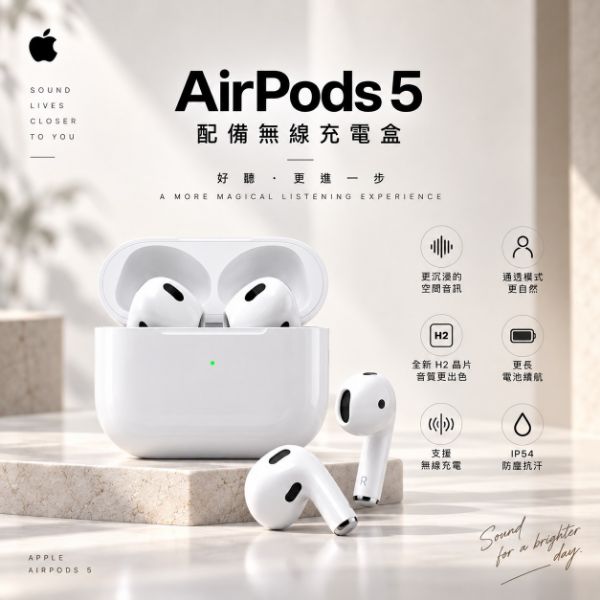 圖片 AirPods 5 配備無線充電盒 藍芽耳機