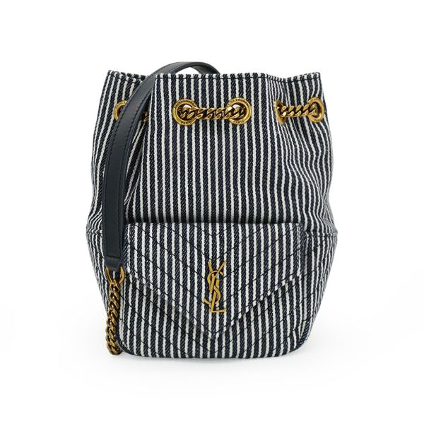 圖片 YSL 展示品 Mini Joe 條紋帆布拼接斜背小水桶包(701631-藍白)