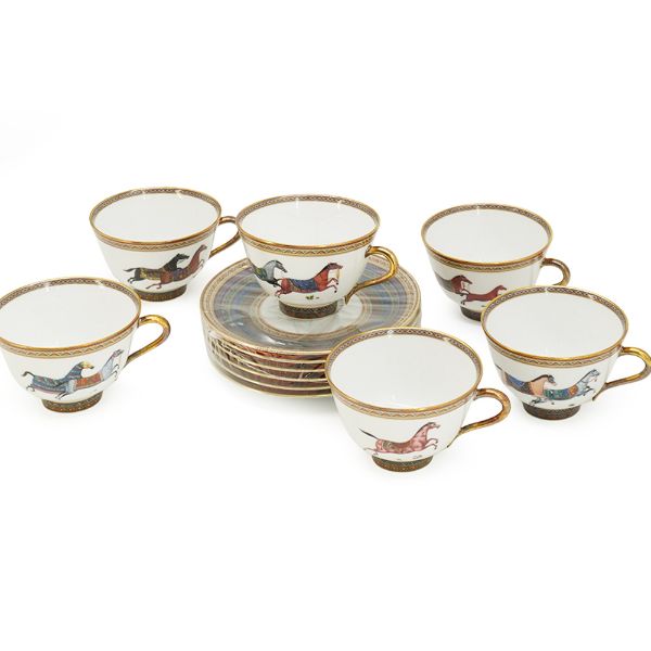 圖片 Hermes 展示品 Cheval d'Orient 東方駿馬陶瓷六入茶杯盤組