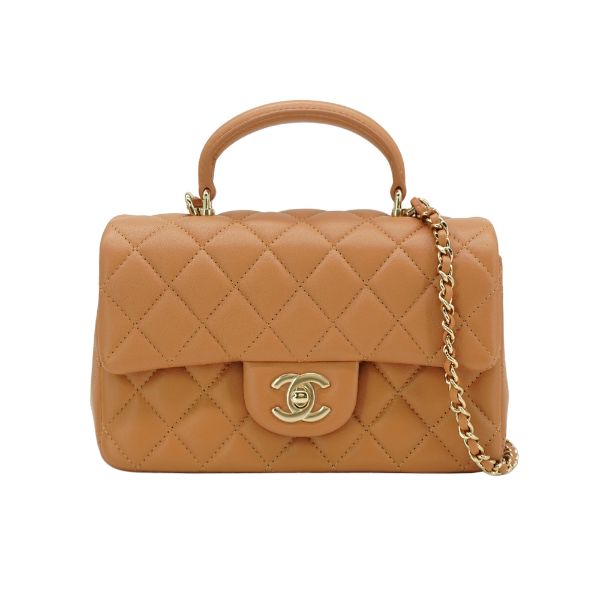 圖片 Chanel 展示品 Coco Handle 羊皮淡金鍊迷你手把斜背口蓋包(AS2431-奶茶色)