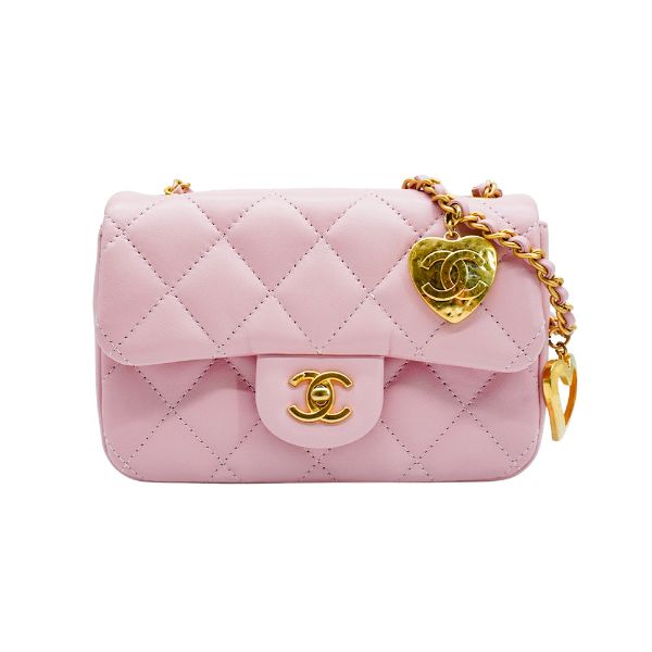 圖片 Chanel 羊皮霧金金屬愛心鍊帶迷你斜背口蓋包(AS3456-淡粉)