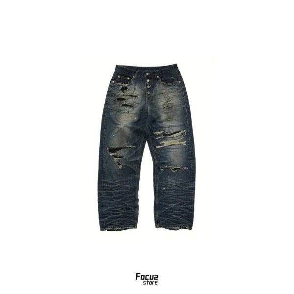 Focus Store Thug Club Skull Stitch Ripped Denim Pants