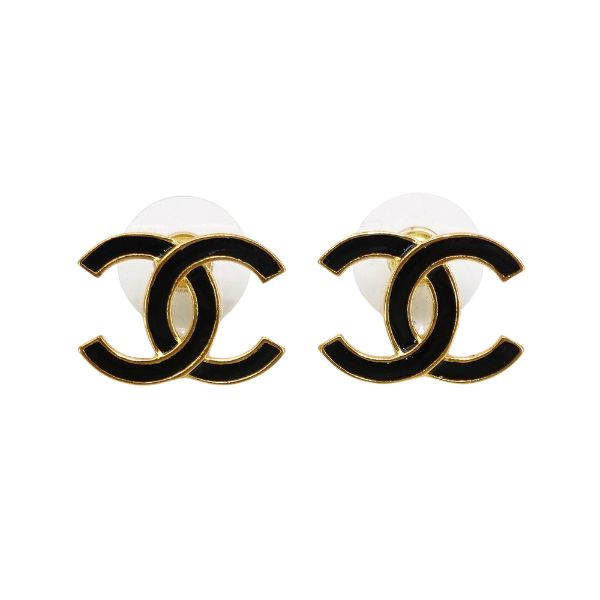 圖片 Chanel 黑雙C logo琺瑯針式耳環(金)