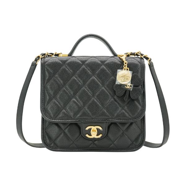 圖片 Chanel 展示品 金雙C粒紋牛皮仿舊金鏈幸運草雙肩後背包(AS5715-黑)