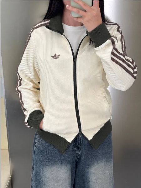 圖片 ADIDAS ORIGINALS 華夫格 雙拉鍊 拼接 立領外套 抹茶米棕