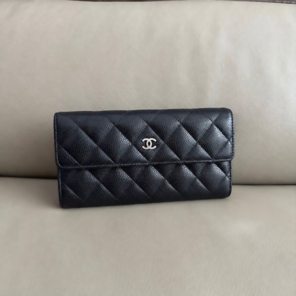 圖片 MY精品 -  Chanel 荔枝黑銀 牛皮 掀蓋長夾 信封長夾
