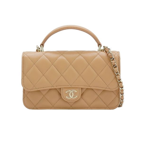 圖片 Chanel Coco Handle Mini 羊皮金釦手提斜背口蓋包(AP3226-奶茶色)