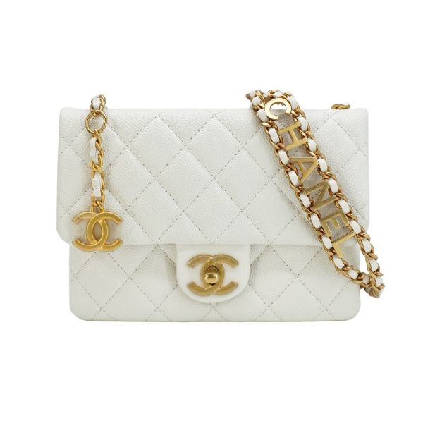 圖片 Chanel 展示品 菱格粒紋牛皮字母皮穿金鍊雙層腰包/斜背包(AS3225-白)