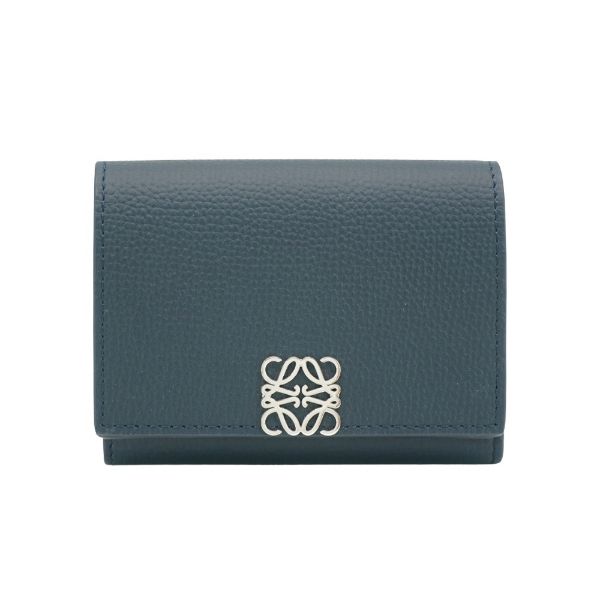 圖片 Loewe Anagram 鵝卵石紋小牛皮銀釦三折短夾(海軍藍)